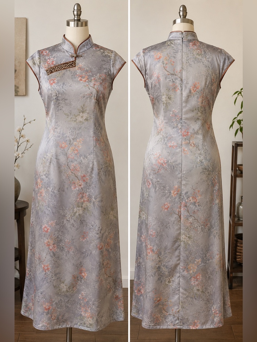 Cheongsam Qipao Floral Satin Midi Dress XL Mandarin Collar Brocade Romantic